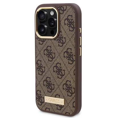 iPhone 16 Pro Max Kılıf Guess Orijinal Lisanslı M-safe Şarj Özellikli 4G Desenli PU Metal Plaka Klasik Logolu Kılıf