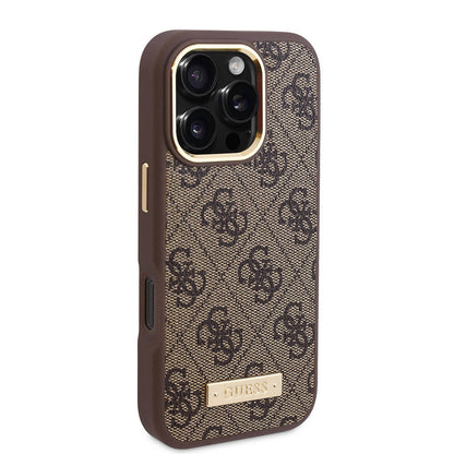 iPhone 16 Pro Max Kılıf Guess Orijinal Lisanslı M-safe Şarj Özellikli 4G Desenli PU Metal Plaka Klasik Logolu Kılıf