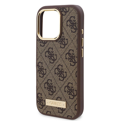 iPhone 16 Pro Max Kılıf Guess Orijinal Lisanslı M-safe Şarj Özellikli 4G Desenli PU Metal Plaka Klasik Logolu Kılıf