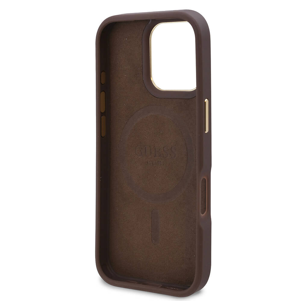 iPhone 16 Pro Max Kılıf Guess Orijinal Lisanslı M-safe Şarj Özellikli 4G Desenli PU Metal Plaka Klasik Logolu Kılıf