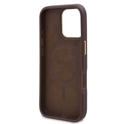 iPhone 16 Pro Max Kılıf Guess Orijinal Lisanslı M-safe Şarj Özellikli 4G Desenli PU Metal Plaka Klasik Logolu Kılıf