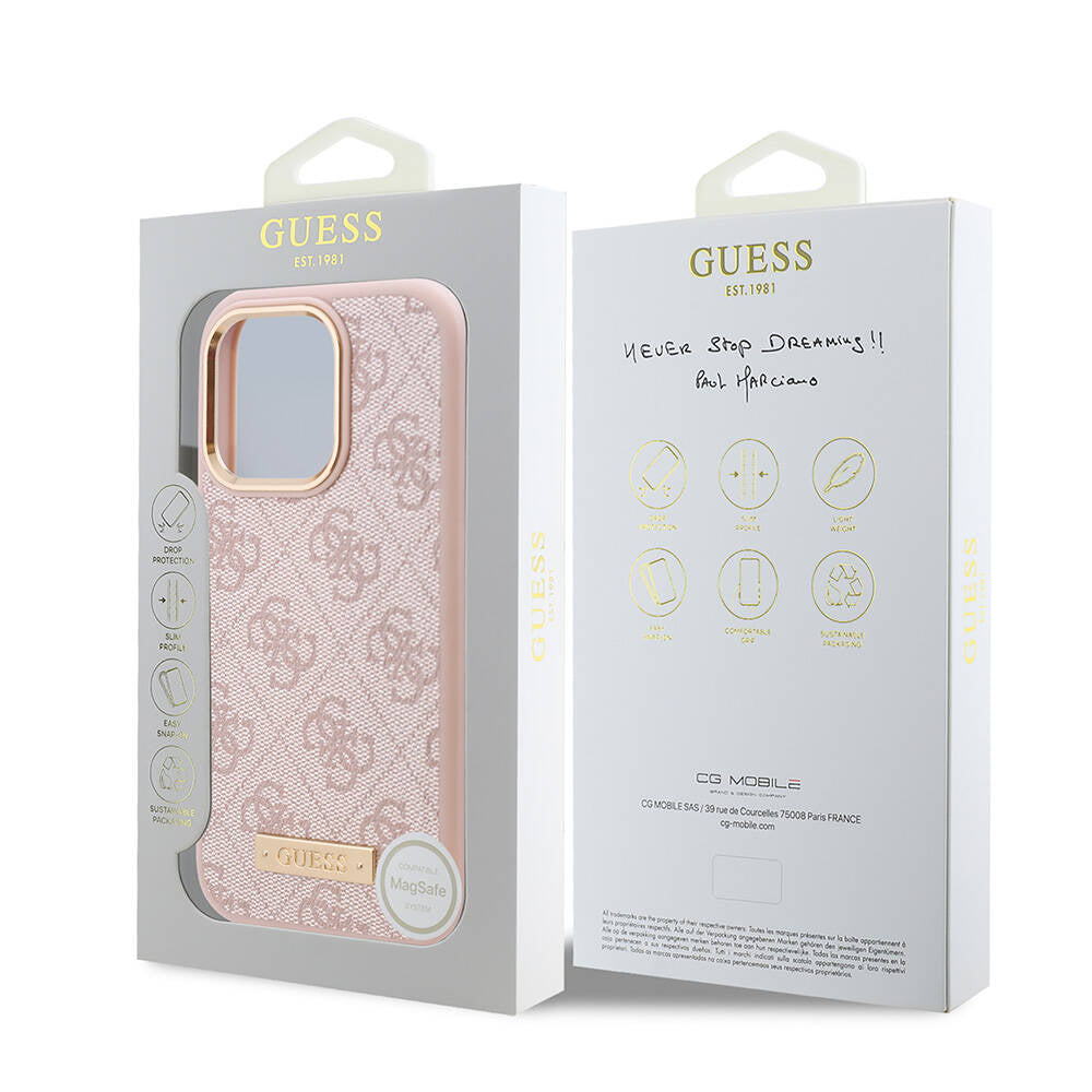 iPhone 16 Pro Max Kılıf Guess Orijinal Lisanslı M-safe Şarj Özellikli 4G Desenli PU Metal Plaka Klasik Logolu Kılıf