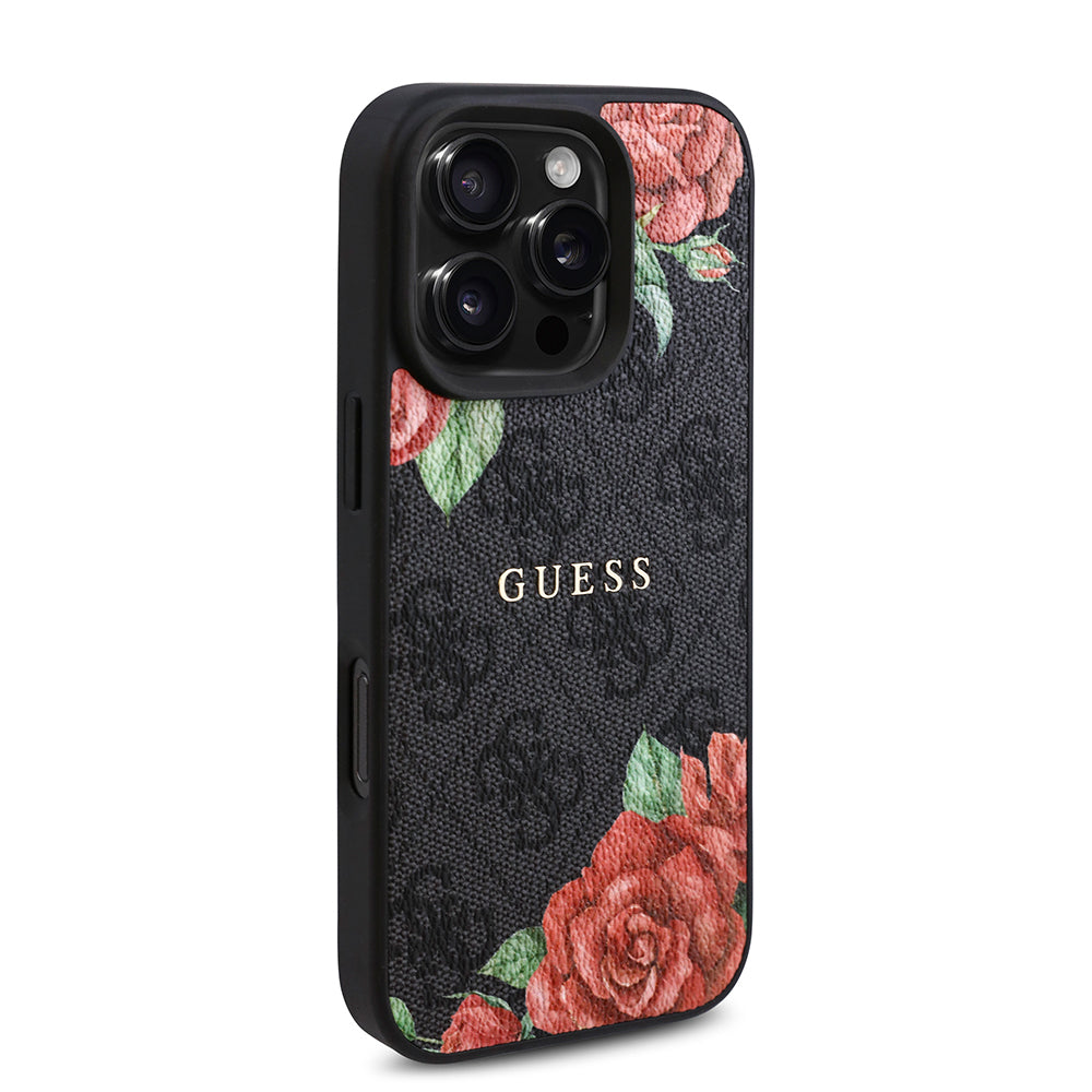 iPhone 16 Pro Max Kılıf Guess Orijinal Lisanslı M-safe Şarj Özellikli Gül Baskılı 4G Desenli Yazı Logolu Kılıf