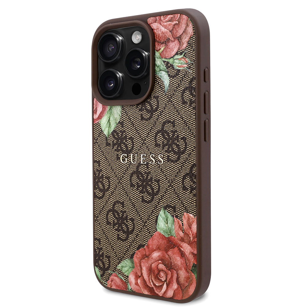 iPhone 16 Pro Max Kılıf Guess Orijinal Lisanslı M-safe Şarj Özellikli Gül Baskılı 4G Desenli Yazı Logolu Kılıf