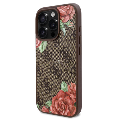 iPhone 16 Pro Max Kılıf Guess Orijinal Lisanslı M-safe Şarj Özellikli Gül Baskılı 4G Desenli Yazı Logolu Kılıf