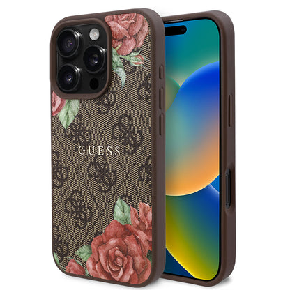 iPhone 16 Pro Max Kılıf Guess Orijinal Lisanslı M-safe Şarj Özellikli Gül Baskılı 4G Desenli Yazı Logolu Kılıf