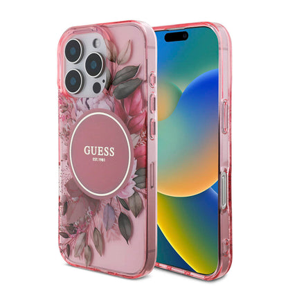iPhone 16 Pro Max Kılıf Guess Orijinal Lisanslı M-safe Şarj Özellikli IML Baskılı Çiçek İnci Bileklikli Kılıf