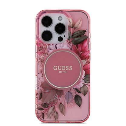 iPhone 16 Pro Max Kılıf Guess Orijinal Lisanslı M-safe Şarj Özellikli IML Baskılı Çiçek İnci Bileklikli Kılıf