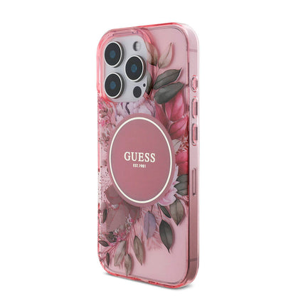 iPhone 16 Pro Max Kılıf Guess Orijinal Lisanslı M-safe Şarj Özellikli IML Baskılı Çiçek İnci Bileklikli Kılıf