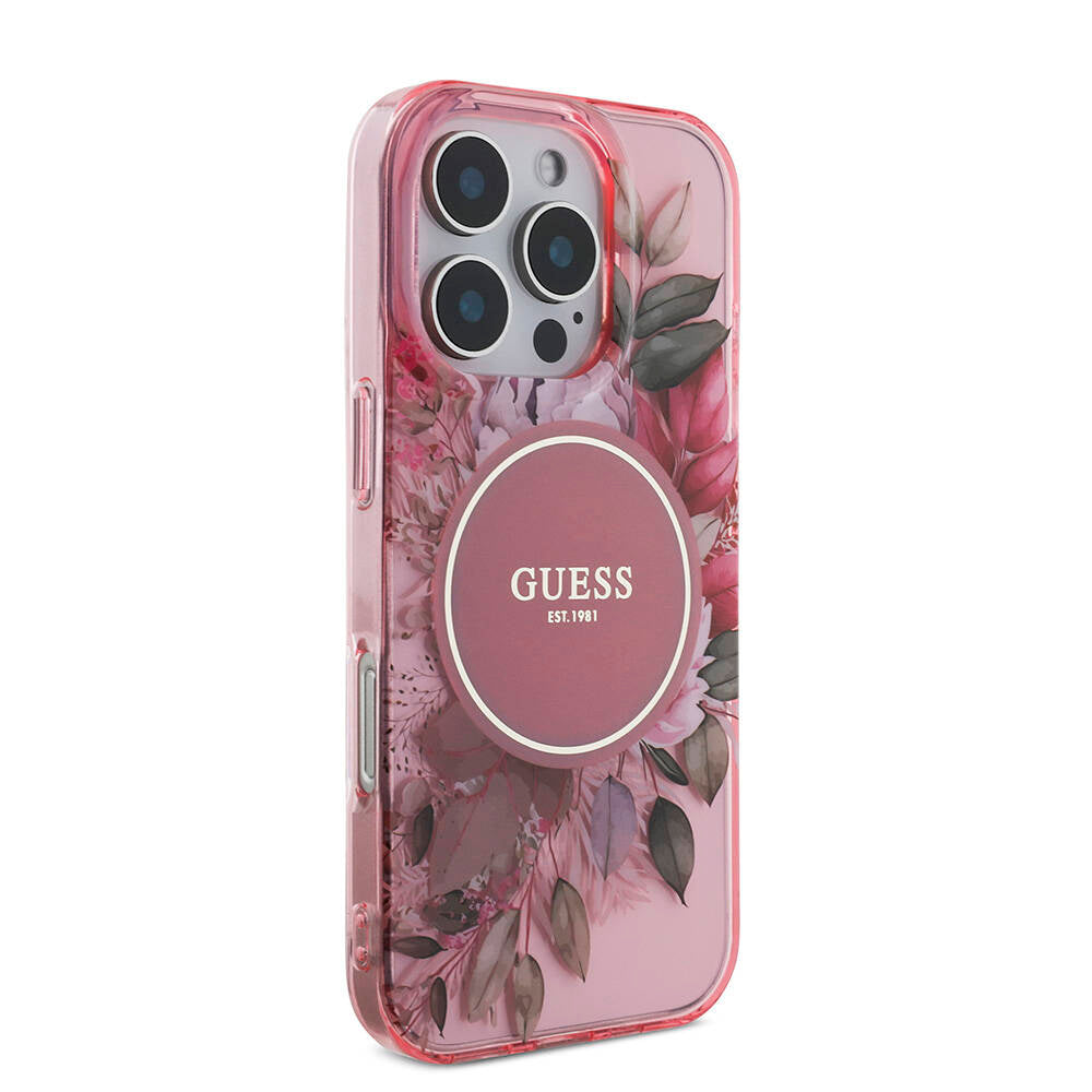 iPhone 16 Pro Max Kılıf Guess Orijinal Lisanslı M-safe Şarj Özellikli IML Baskılı Çiçek İnci Bileklikli Kılıf