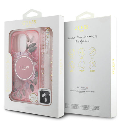 iPhone 16 Pro Max Kılıf Guess Orijinal Lisanslı M-safe Şarj Özellikli IML Baskılı Çiçek İnci Bileklikli Kılıf