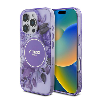 iPhone 16 Pro Max Kılıf Guess Orijinal Lisanslı M-safe Şarj Özellikli IML Baskılı Çiçek İnci Bileklikli Kılıf