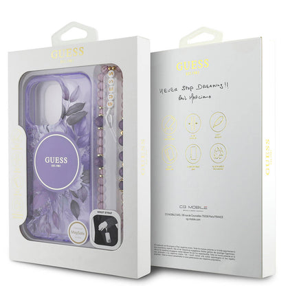 iPhone 16 Pro Max Kılıf Guess Orijinal Lisanslı M-safe Şarj Özellikli IML Baskılı Çiçek İnci Bileklikli Kılıf