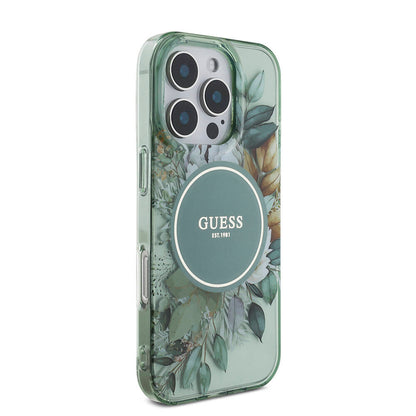 iPhone 16 Pro Max Kılıf Guess Orijinal Lisanslı M-safe Şarj Özellikli IML Baskılı Çiçek İnci Bileklikli Kılıf