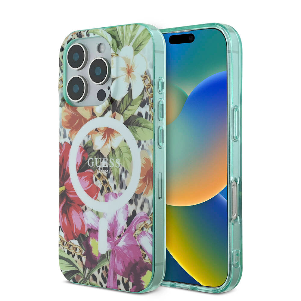 iPhone 16 Pro Max Kılıf Guess Orijinal Lisanslı M-safe Şarj Özellikli IML Baskılı Jungle Ring Kılıf