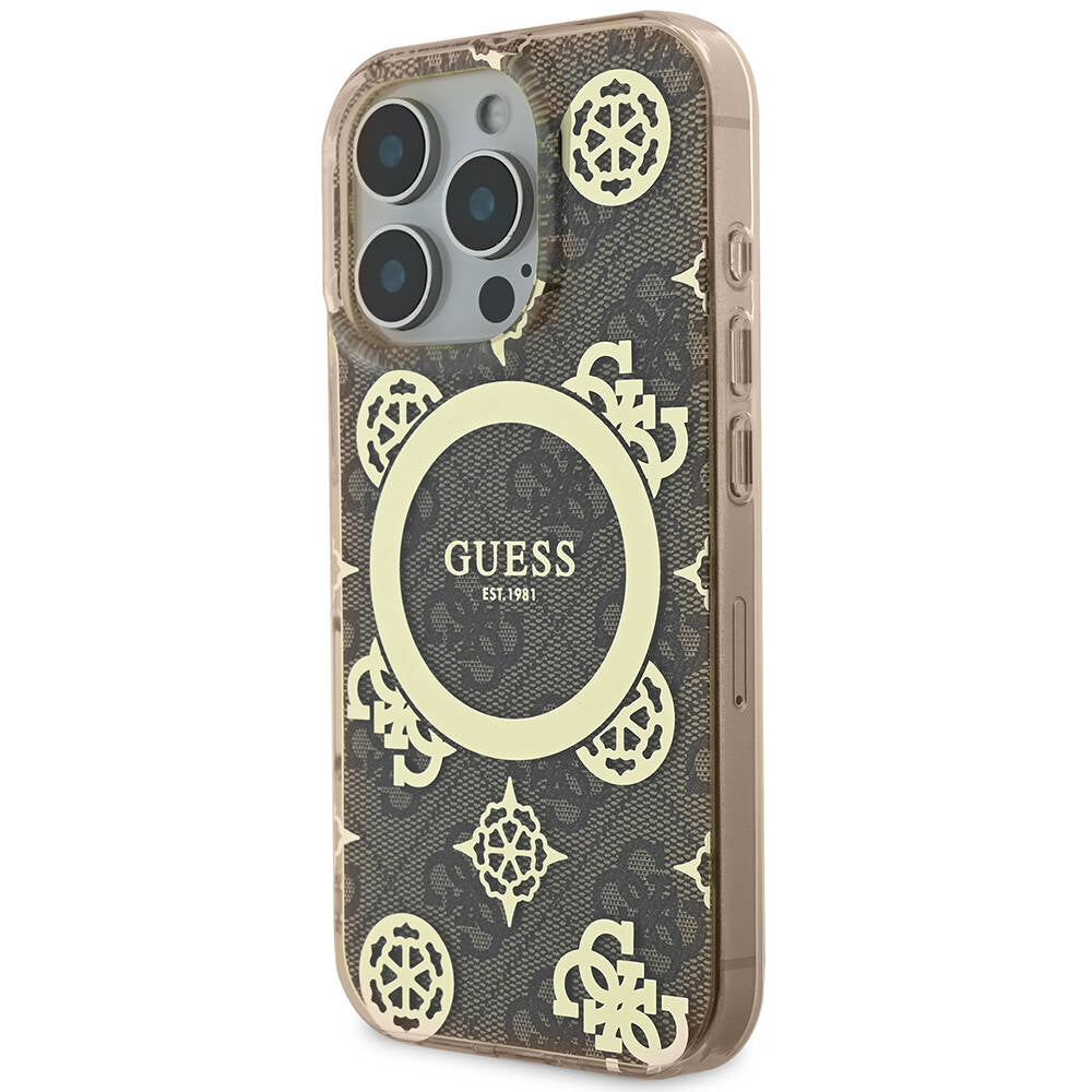 iPhone 16 Pro Max Kılıf Guess Orijinal Lisanslı M-safe Şarj Özellikli IML Peony ve 4G Desenli Klasik Logolu Kılıf