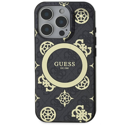iPhone 16 Pro Max Kılıf Guess Orijinal Lisanslı M-safe Şarj Özellikli IML Peony ve 4G Desenli Klasik Logolu Kılıf