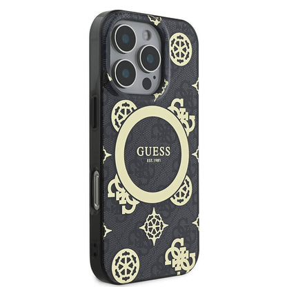 iPhone 16 Pro Max Kılıf Guess Orijinal Lisanslı M-safe Şarj Özellikli IML Peony ve 4G Desenli Klasik Logolu Kılıf