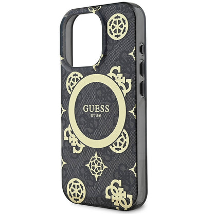 iPhone 16 Pro Max Kılıf Guess Orijinal Lisanslı M-safe Şarj Özellikli IML Peony ve 4G Desenli Klasik Logolu Kılıf