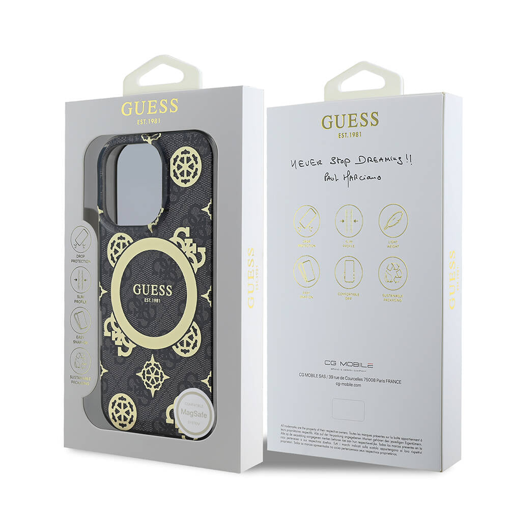 iPhone 16 Pro Max Kılıf Guess Orijinal Lisanslı M-safe Şarj Özellikli IML Peony ve 4G Desenli Klasik Logolu Kılıf