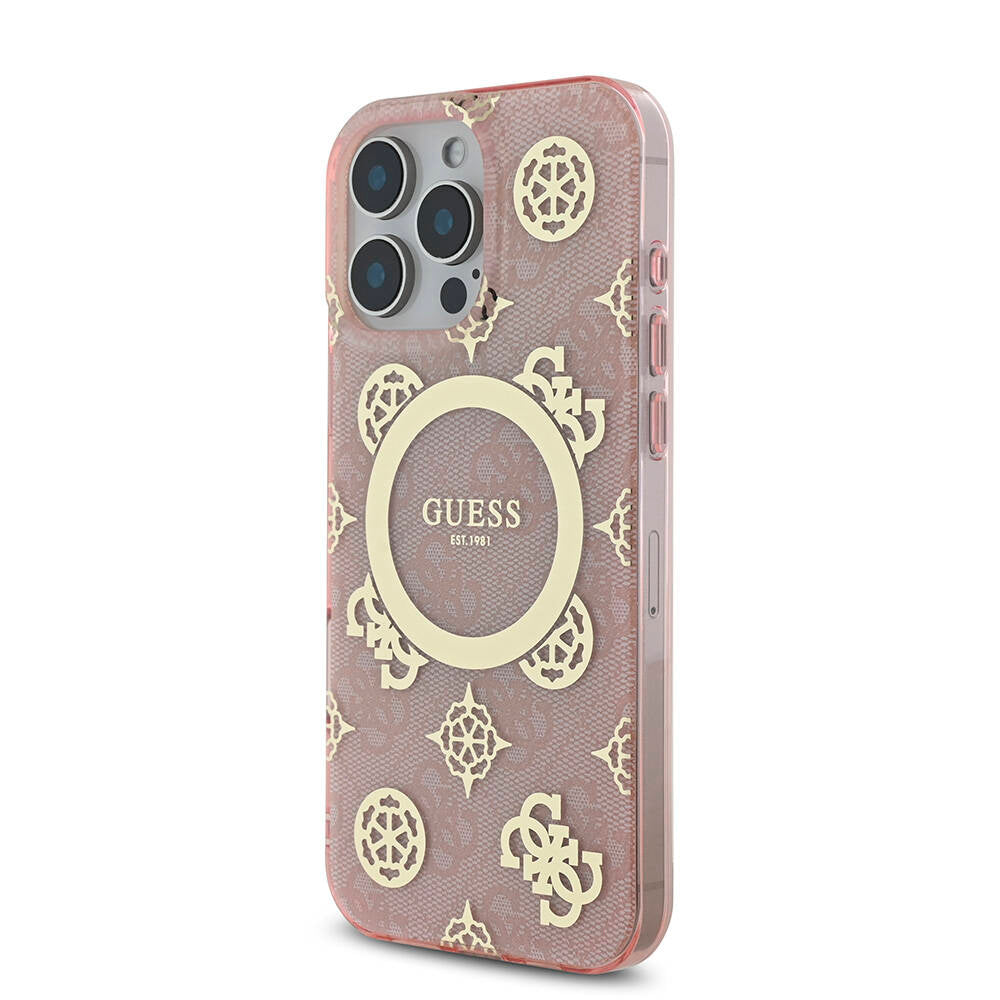 iPhone 16 Pro Max Kılıf Guess Orijinal Lisanslı M-safe Şarj Özellikli IML Peony ve 4G Desenli Klasik Logolu Kılıf