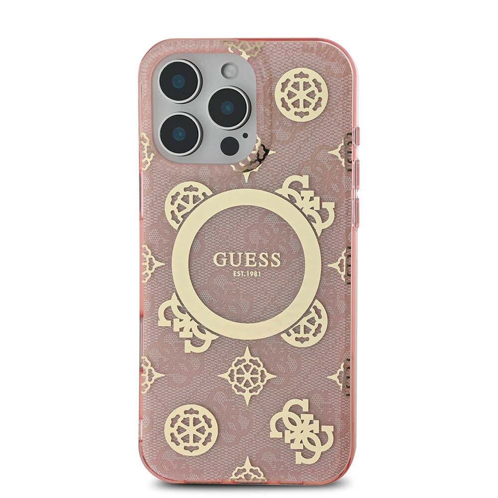 iPhone 16 Pro Max Kılıf Guess Orijinal Lisanslı M-safe Şarj Özellikli IML Peony ve 4G Desenli Klasik Logolu Kılıf