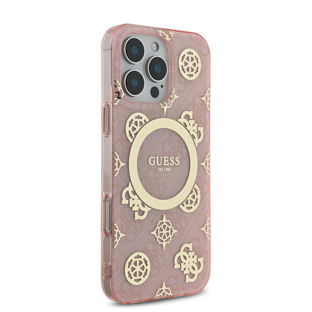 iPhone 16 Pro Max Kılıf Guess Orijinal Lisanslı M-safe Şarj Özellikli IML Peony ve 4G Desenli Klasik Logolu Kılıf