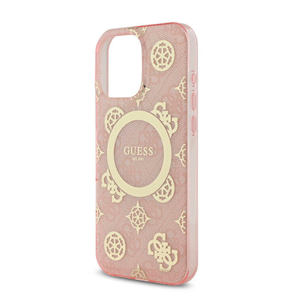 iPhone 16 Pro Max Kılıf Guess Orijinal Lisanslı M-safe Şarj Özellikli IML Peony ve 4G Desenli Klasik Logolu Kılıf