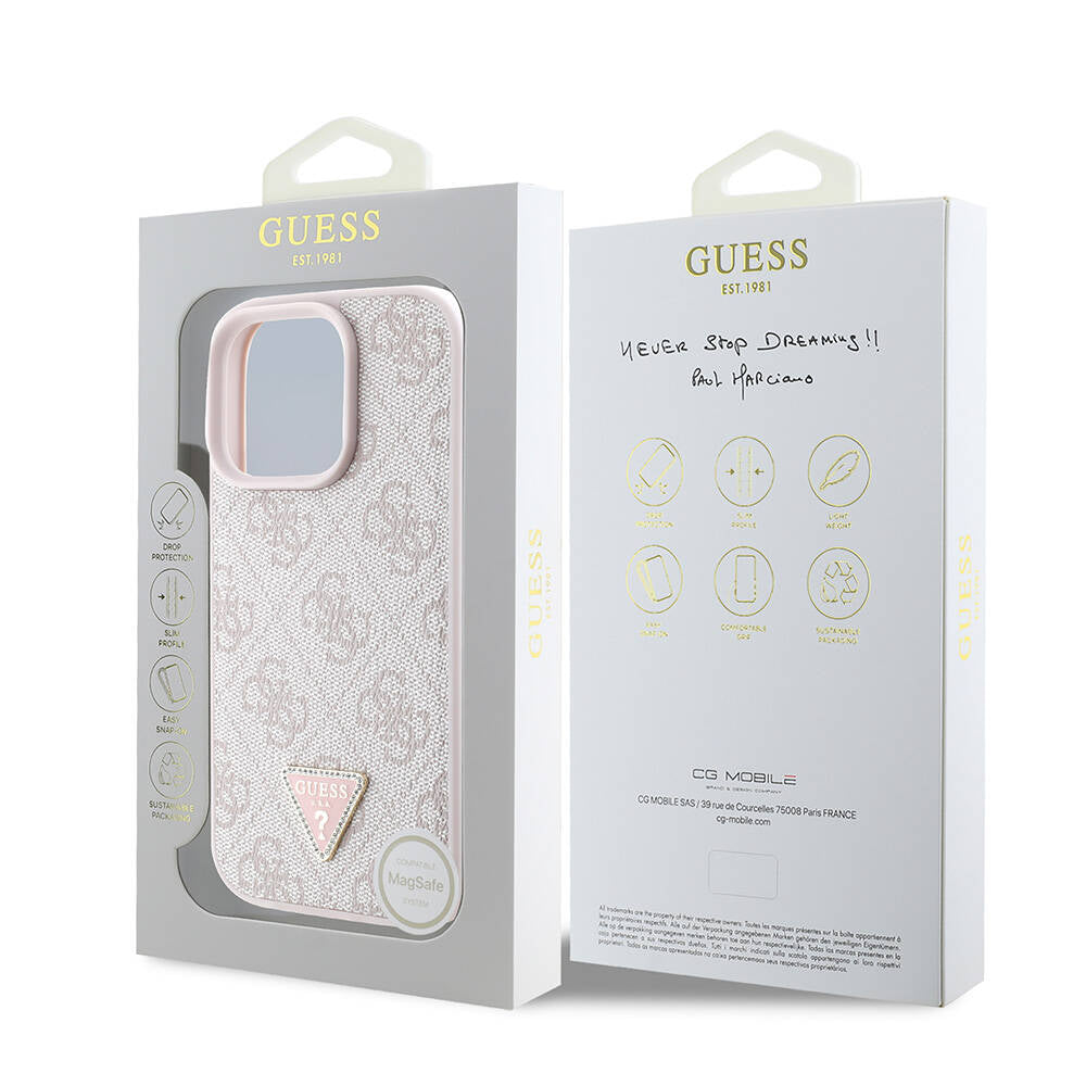 iPhone 16 Pro Max Kılıf Guess Orijinal Lisanslı M-safe Şarj Özellikli PU Deri 4G Desenli Taşlı Üçgen Logolu Kılıf