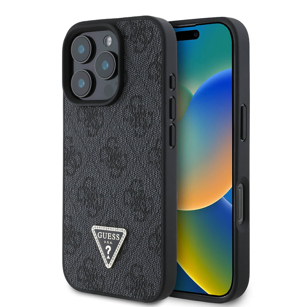 iPhone 16 Pro Max Kılıf Guess Orijinal Lisanslı M-safe Şarj Özellikli PU Deri 4G Desenli Taşlı Üçgen Logolu Kılıf