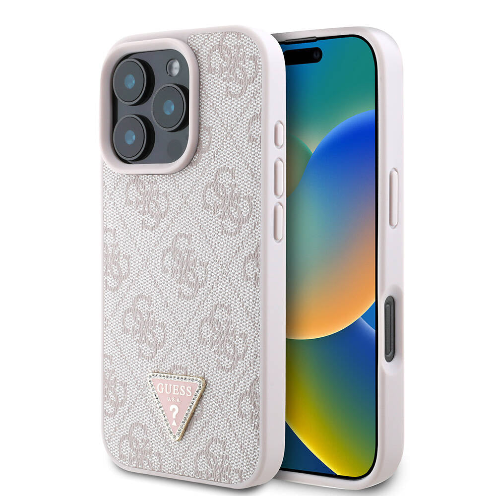 iPhone 16 Pro Max Kılıf Guess Orijinal Lisanslı M-safe Şarj Özellikli PU Deri 4G Desenli Taşlı Üçgen Logolu Kılıf