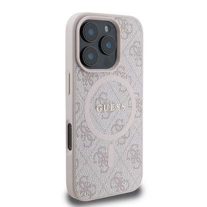 iPhone 16 Pro Max Kılıf Guess Orijinal Lisanslı M-safe Şarj Özellikli PU Halkalı 4G Desenli Yazı Logolu Kılıf