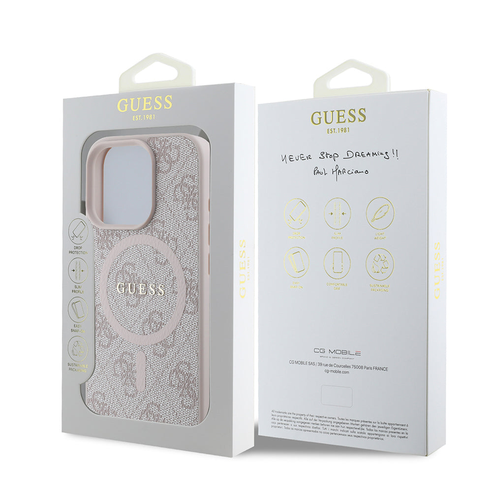 iPhone 16 Pro Max Kılıf Guess Orijinal Lisanslı M-safe Şarj Özellikli PU Halkalı 4G Desenli Yazı Logolu Kılıf
