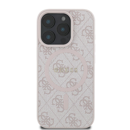 iPhone 16 Pro Max Kılıf Guess Orijinal Lisanslı M-safe Şarj Özellikli PU Halkalı 4G Desenli Yazı Logolu Kılıf