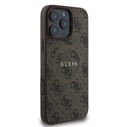 iPhone 16 Pro Max Kılıf Guess Orijinal Lisanslı M-safe Şarj Özellikli PU Halkalı 4G Desenli Yazı Logolu Kılıf