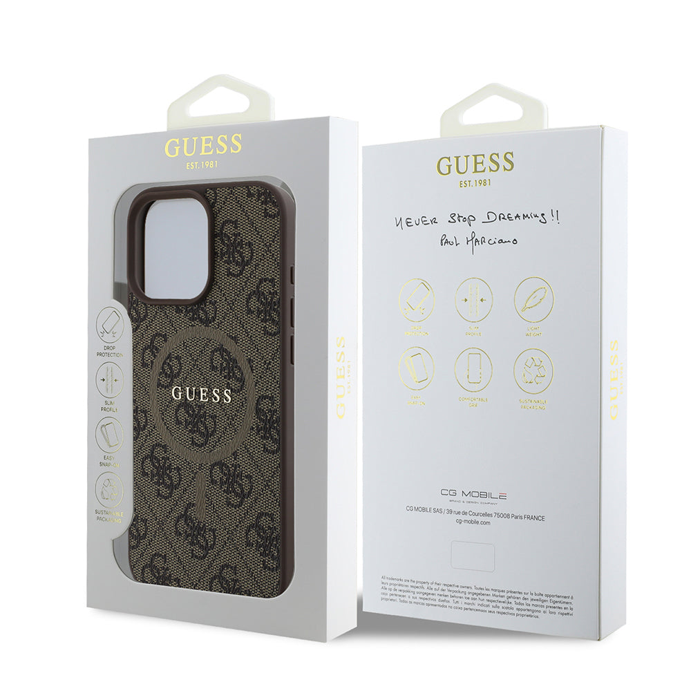 iPhone 16 Pro Max Kılıf Guess Orijinal Lisanslı M-safe Şarj Özellikli PU Halkalı 4G Desenli Yazı Logolu Kılıf