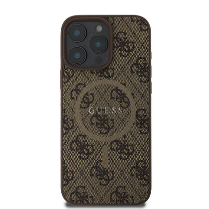 iPhone 16 Pro Max Kılıf Guess Orijinal Lisanslı M-safe Şarj Özellikli PU Halkalı 4G Desenli Yazı Logolu Kılıf