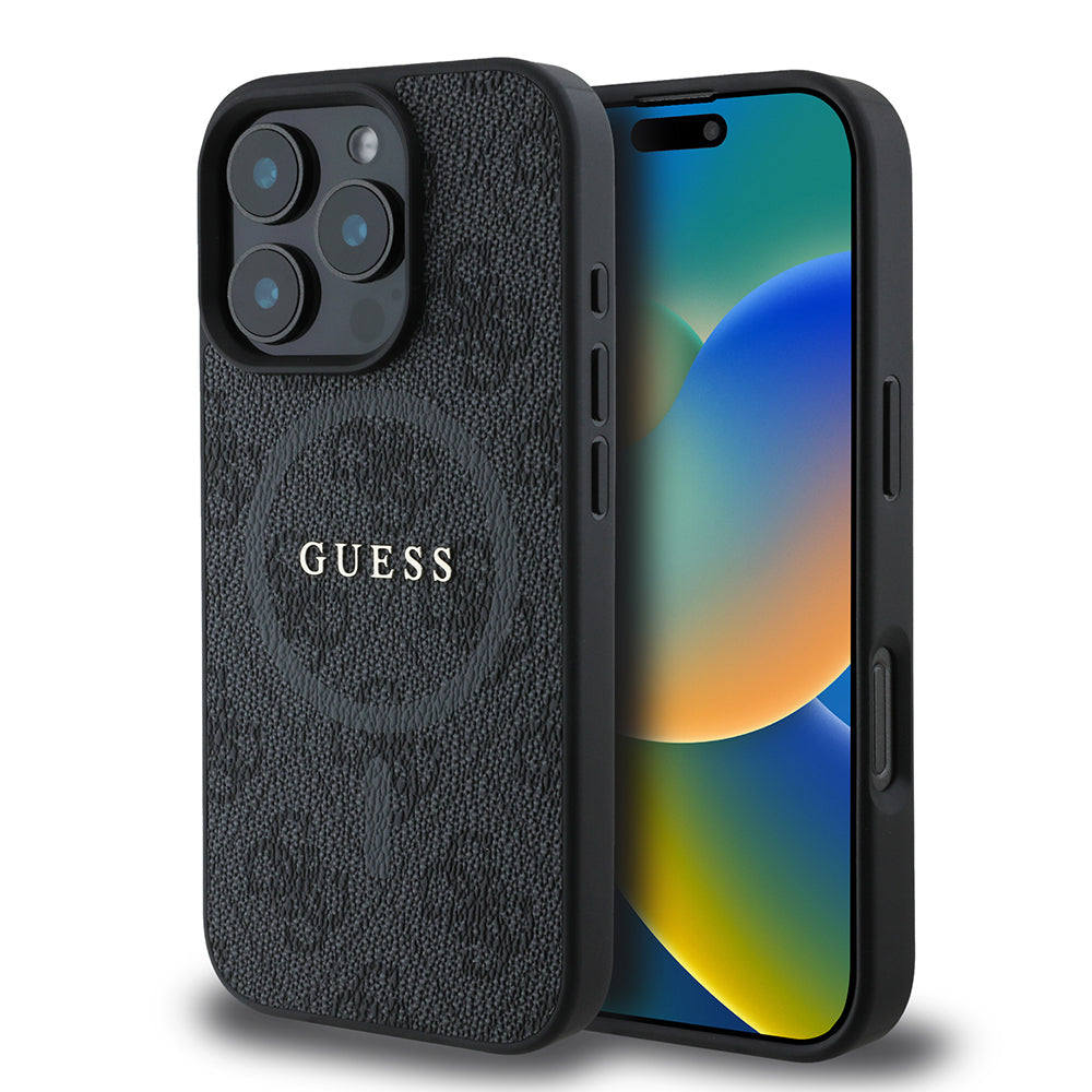 iPhone 16 Pro Max Kılıf Guess Orijinal Lisanslı M-safe Şarj Özellikli PU Halkalı 4G Desenli Yazı Logolu Kılıf