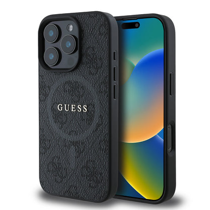iPhone 16 Pro Max Kılıf Guess Orijinal Lisanslı M-safe Şarj Özellikli PU Halkalı 4G Desenli Yazı Logolu Kılıf