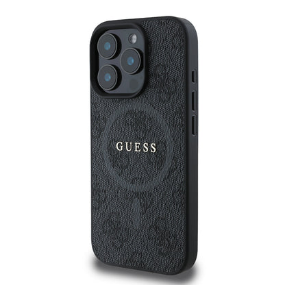 iPhone 16 Pro Max Kılıf Guess Orijinal Lisanslı M-safe Şarj Özellikli PU Halkalı 4G Desenli Yazı Logolu Kılıf