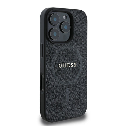 iPhone 16 Pro Max Kılıf Guess Orijinal Lisanslı M-safe Şarj Özellikli PU Halkalı 4G Desenli Yazı Logolu Kılıf