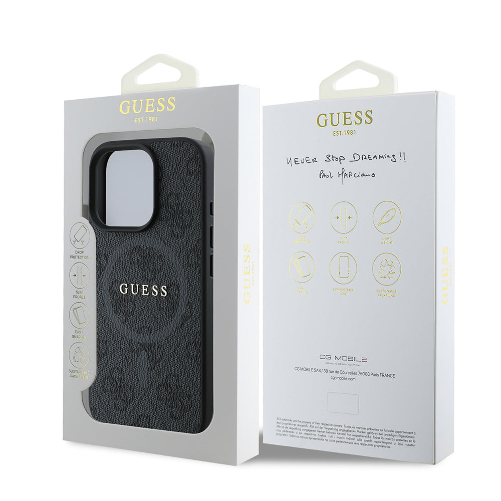 iPhone 16 Pro Max Kılıf Guess Orijinal Lisanslı M-safe Şarj Özellikli PU Halkalı 4G Desenli Yazı Logolu Kılıf