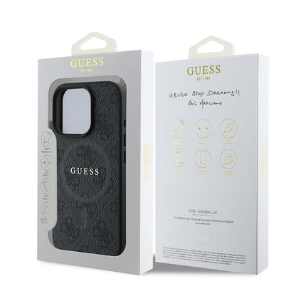 iPhone 16 Pro Max Kılıf Guess Orijinal Lisanslı M-safe Şarj Özellikli PU Halkalı 4G Desenli Yazı Logolu Kılıf