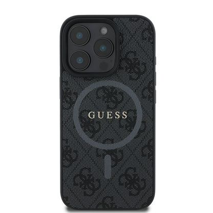 iPhone 16 Pro Max Kılıf Guess Orijinal Lisanslı M-safe Şarj Özellikli PU Halkalı 4G Desenli Yazı Logolu Kılıf