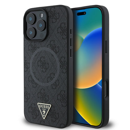 iPhone 16 Pro Max Kılıf Guess Orijinal Lisanslı M-safe Şarj Özellikli PU Üçgen Logo 4G Desenli Kılıf