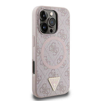 iPhone 16 Pro Max Kılıf Guess Orijinal Lisanslı M-safe Şarj Özellikli PU Üçgen Logo 4G Desenli Kılıf
