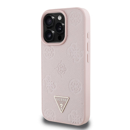 iPhone 16 Pro Max Kılıf Guess Orijinal Lisanslı M-safe Şarj Özellikli Sıcak Baskılı Üçgen Logolu PU Deri Peony Kılıf