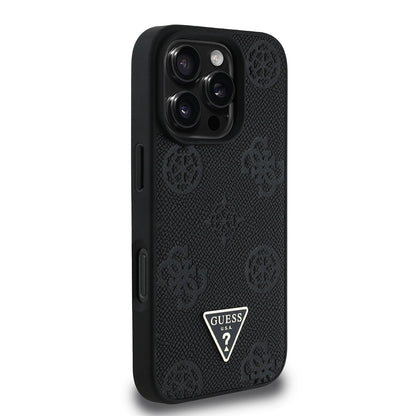iPhone 16 Pro Max Kılıf Guess Orijinal Lisanslı M-safe Şarj Özellikli Sıcak Baskılı Üçgen Logolu PU Deri Peony Kılıf