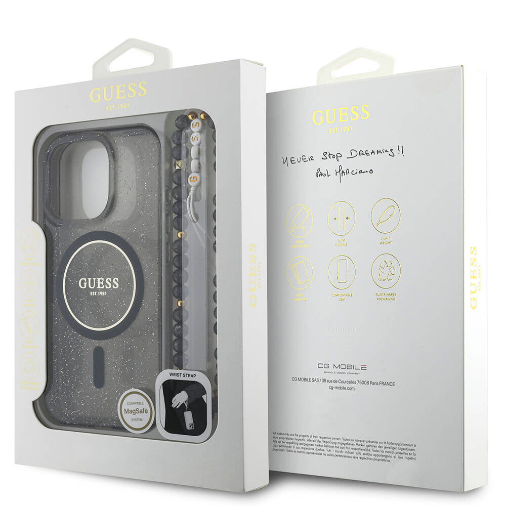 iPhone 16 Pro Max Kılıf Guess Orijinal Lisanslı M-safe Şarj Özellikli Simli Silikon İnci Bileklikli Kılıf