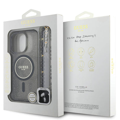 iPhone 16 Pro Max Kılıf Guess Orijinal Lisanslı M-safe Şarj Özellikli Simli Silikon İnci Bileklikli Kılıf